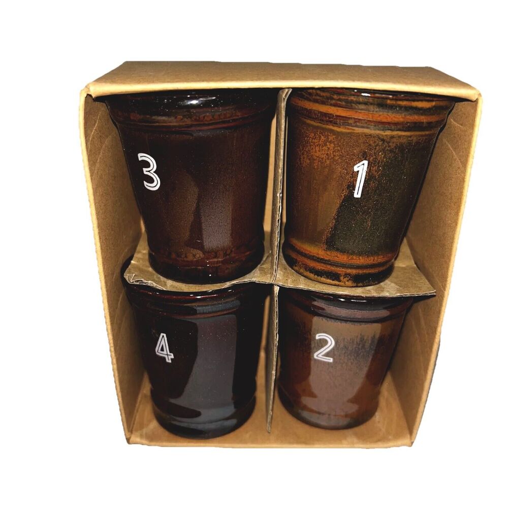 Floor 9 Set of 4 Numbered Shot Glasses Brown Ceramic New In Box